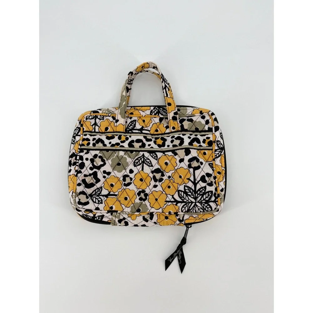 Vera Bradley Quilted Travel Cosmetic Bag Organizer Floral Leopard Yellow Black